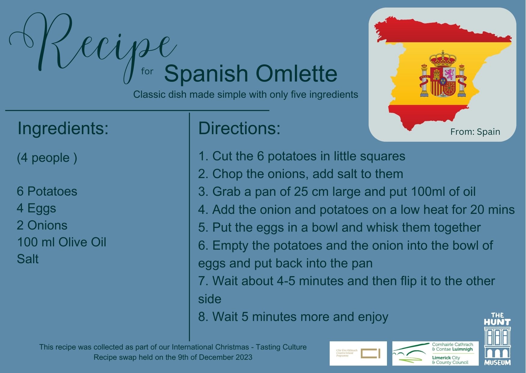 Recipe card for a Spanish omelette with a Spanish flag illustration. Ingredients list includes potatoes, eggs, onions, olive oil, and salt. Directions outline preparation steps, highlighting simplicity. Tone is inviting and informative.
