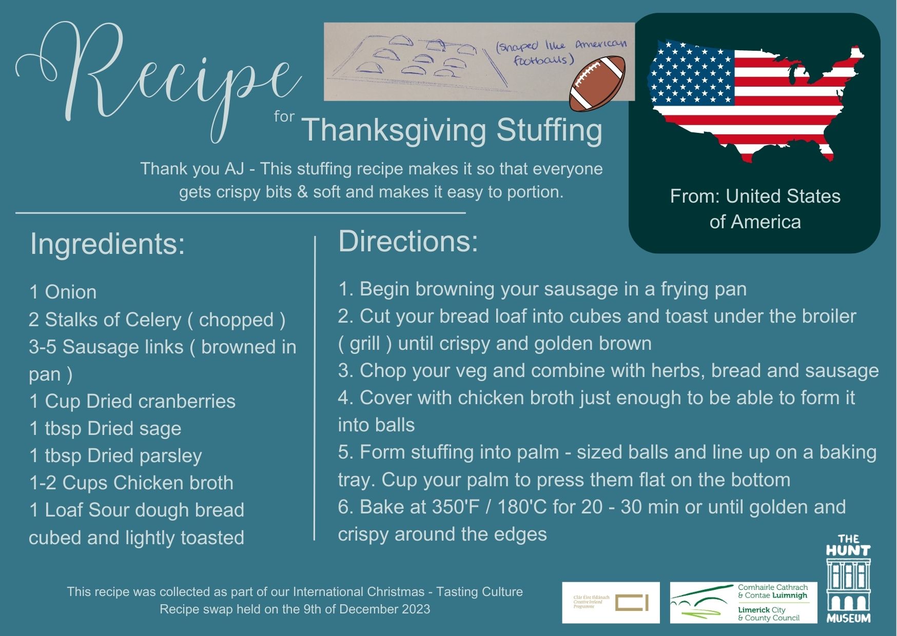Thanksgiving stuffing recipe poster with ingredients like onion, celery, sausage. Steps include browning sausage, toasting bread, and baking. American flag graphic.