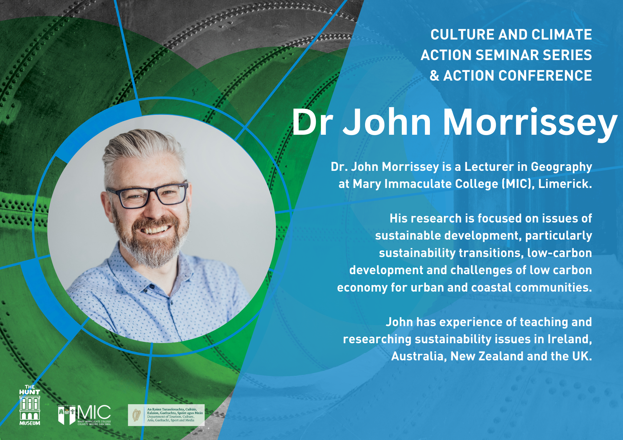 Dr. John Morrissey, a Geography lecturer, focuses on sustainable development and low-carbon economy challenges, with a global research background.