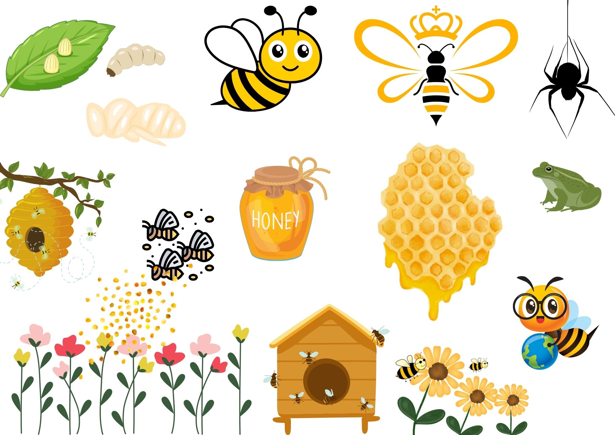 A colourful illustration featuring bees, honey, a beehive, flowers, and a frog, representing nature and pollination themes.