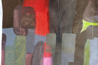 Abstract artwork featuring bold blocks of colour in red, brown, green, and grey, blended with dynamic brush strokes and textures.