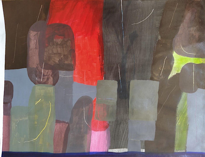 Abstract artwork featuring bold blocks of colour in red, brown, green, and grey, blended with dynamic brush strokes and textures.