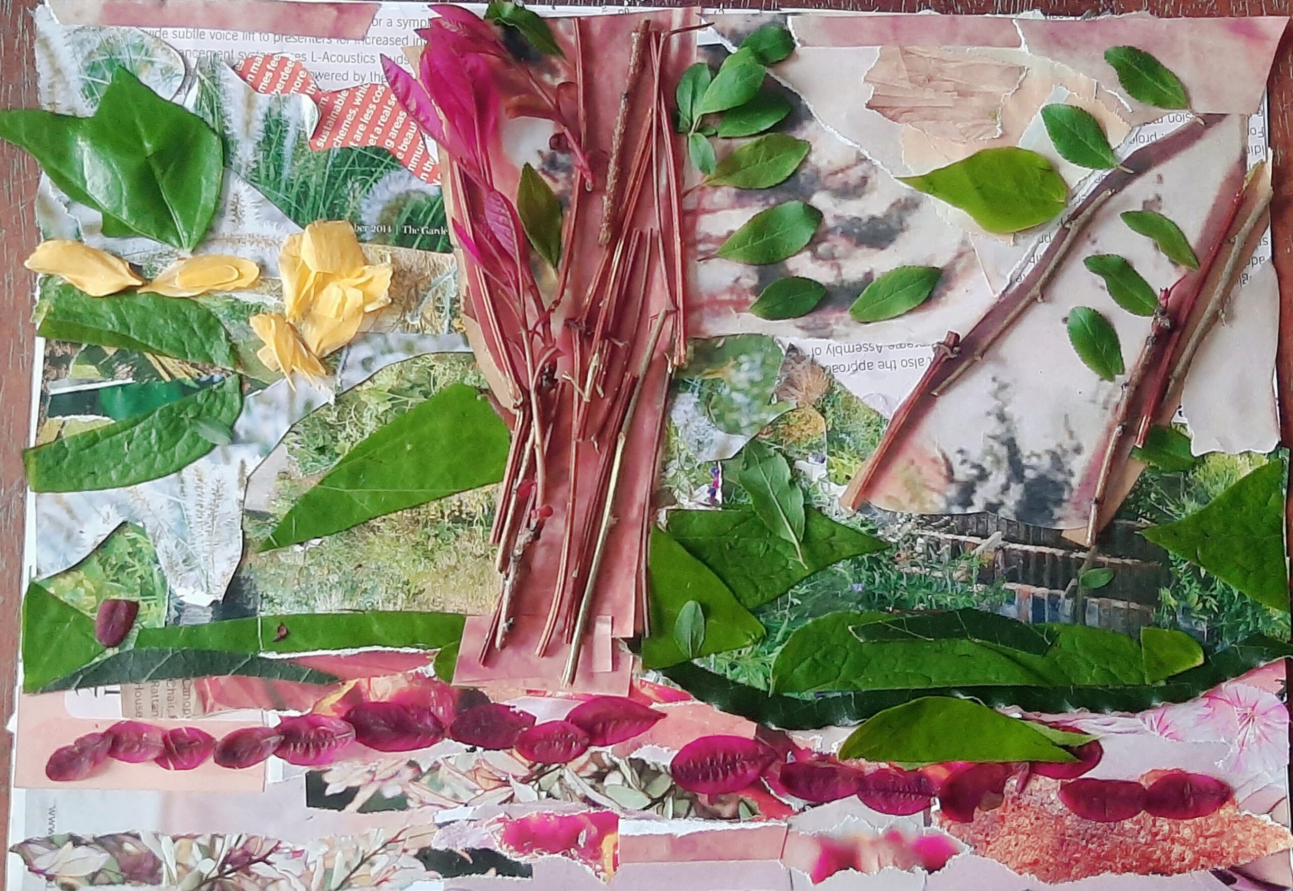 Nature collage using leaves and sticks