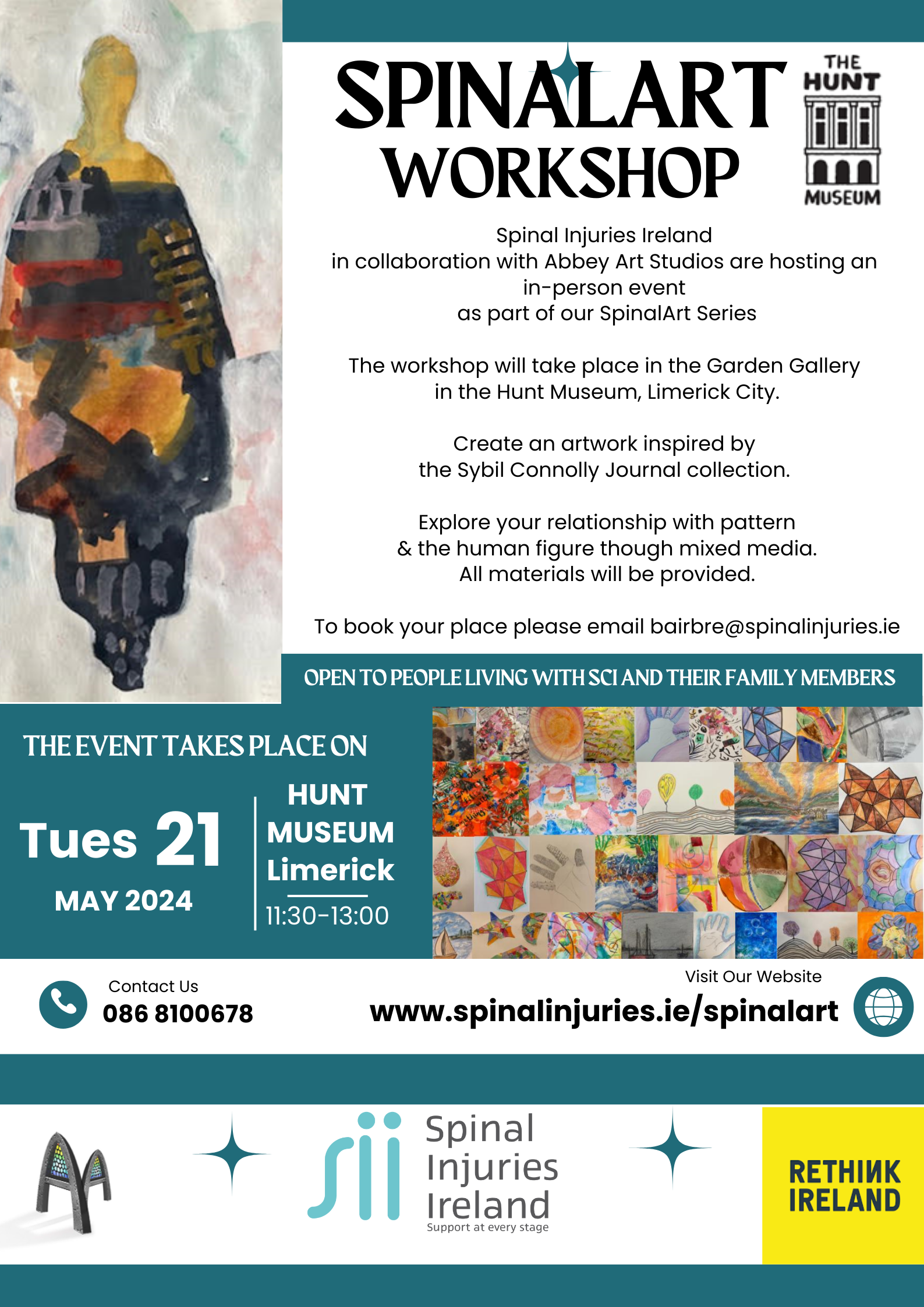 Promotional poster for SpinalArt workshop at the Hunt Museum, Limerick, on May 21, 2024, focusing on art and personal expression.