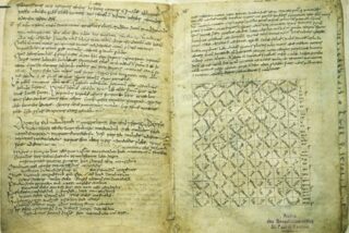 Open ancient manuscript pages filled with handwritten text and a complex grid pattern, showcasing historical writing and mathematical designs.