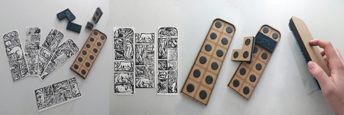 A set of carved stamps and their printed designs on paper alongside an organizational tray and a hand holding a stamp.