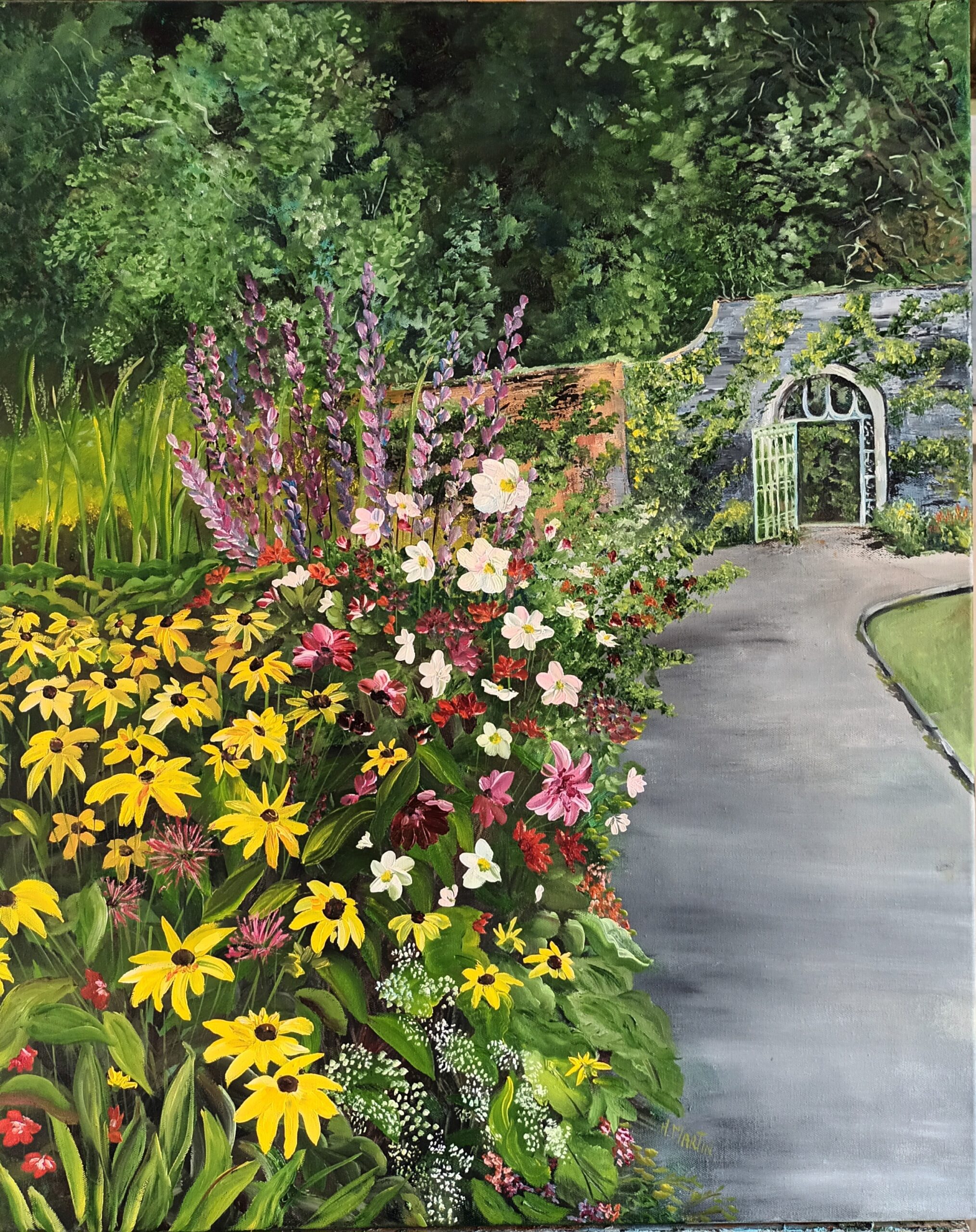 A vibrant garden scene with blooming flowers, including yellow daisies and pink blossoms, leading to a quaint archway gate.