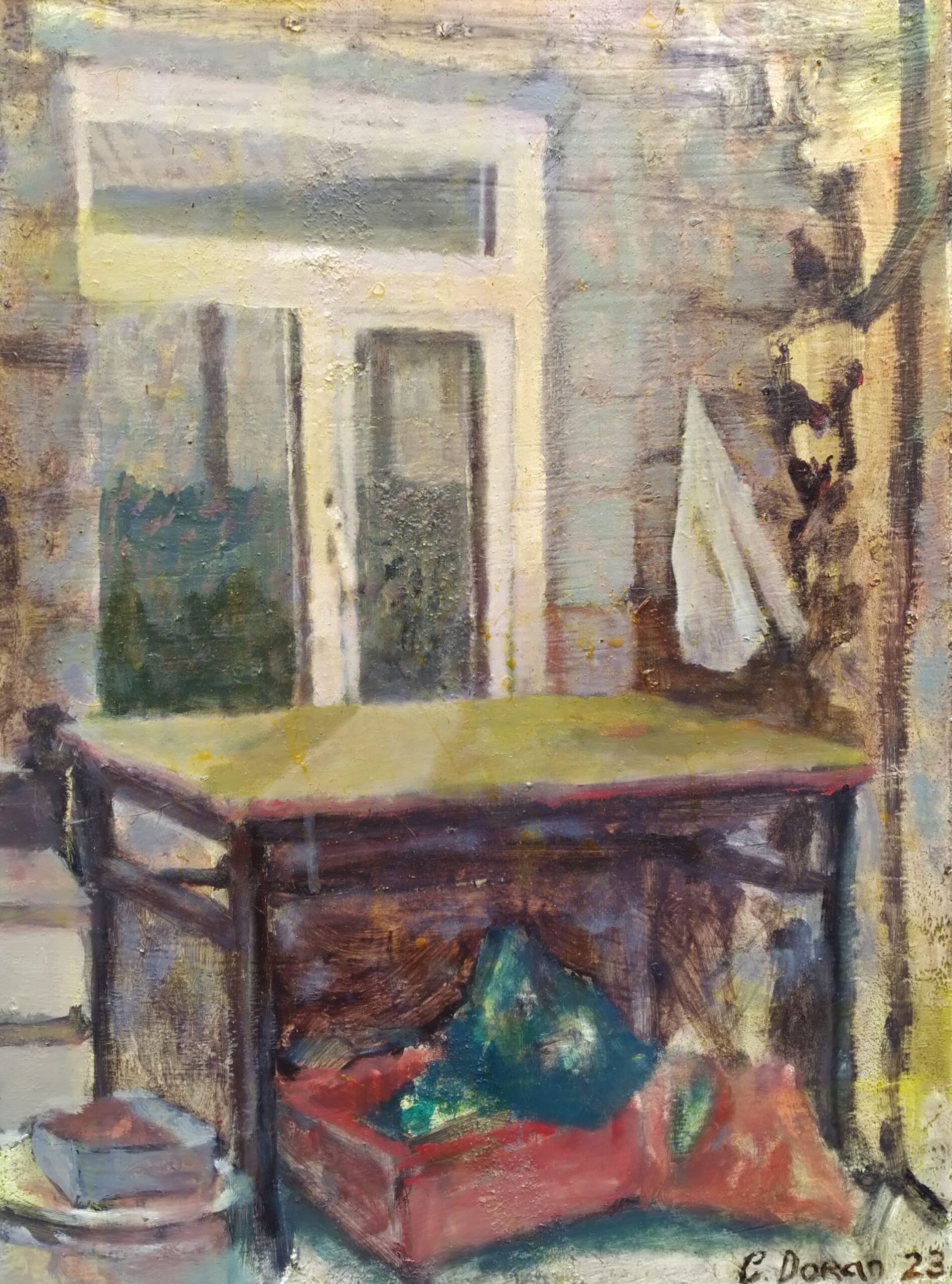 A softly painted scene featuring a table with a green object and a red box beneath, set against a light-coloured wall and doorway.