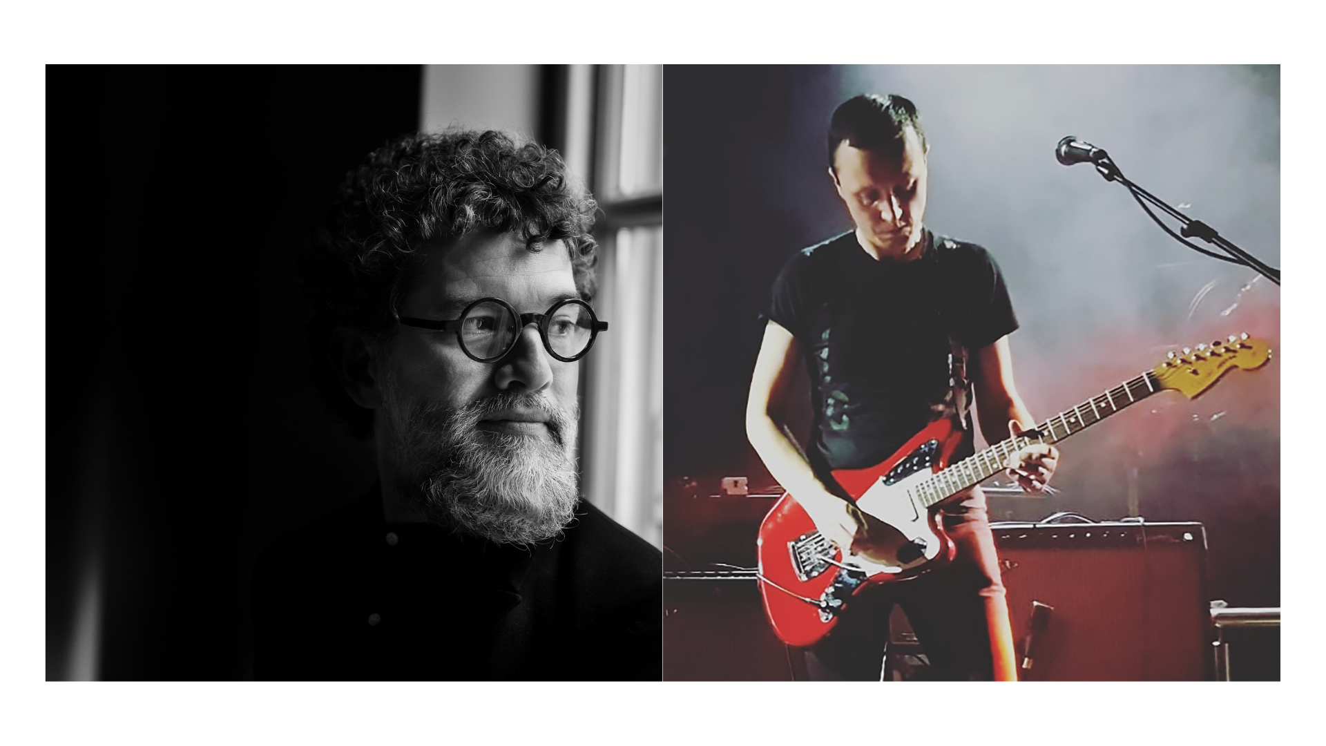 A musician in black attire passionately plays a red electric guitar on stage, surrounded by colourful lights and smoke.