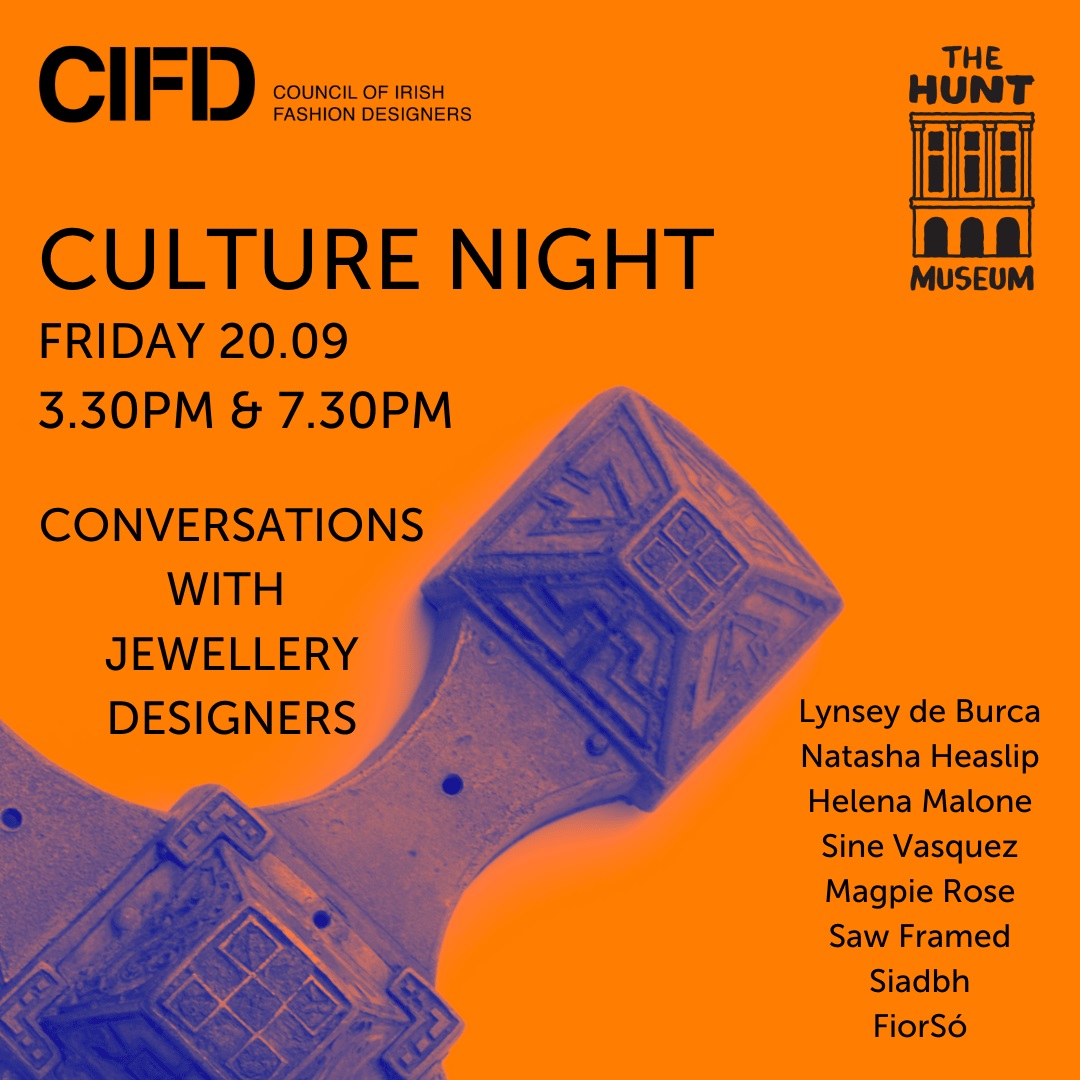 Event poster for Culture Night featuring the Hunt Museum, promoting conversations with jewellery designers and listing participants.