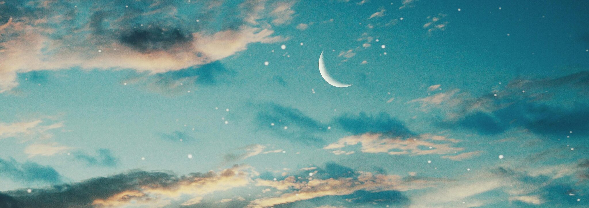 A serene sky at twilight, featuring wispy clouds and a crescent moon amidst soft, glowing stars.