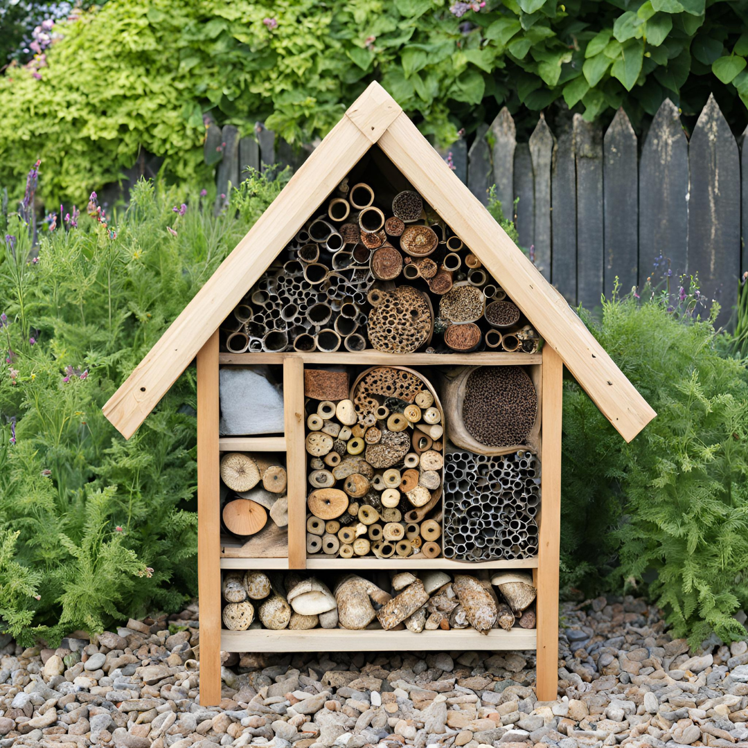 A wooden insect hotel filled with various natural materials, nestled among greenery and stones, promoting biodiversity in the garden.