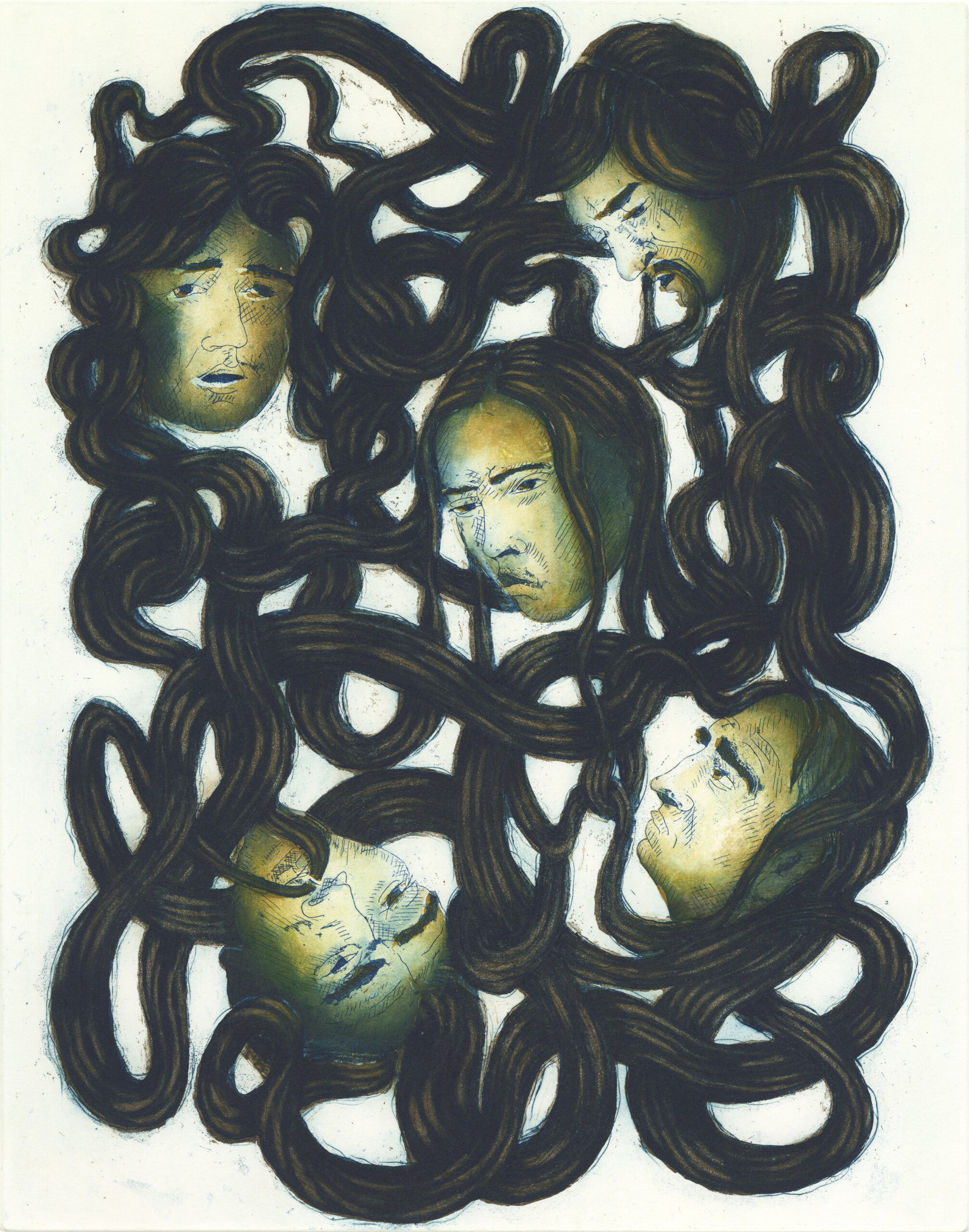 A chaotic arrangement of dark, twisted strands surrounds a partially visible, surreal greenish face, evoking a sense of entrapment.