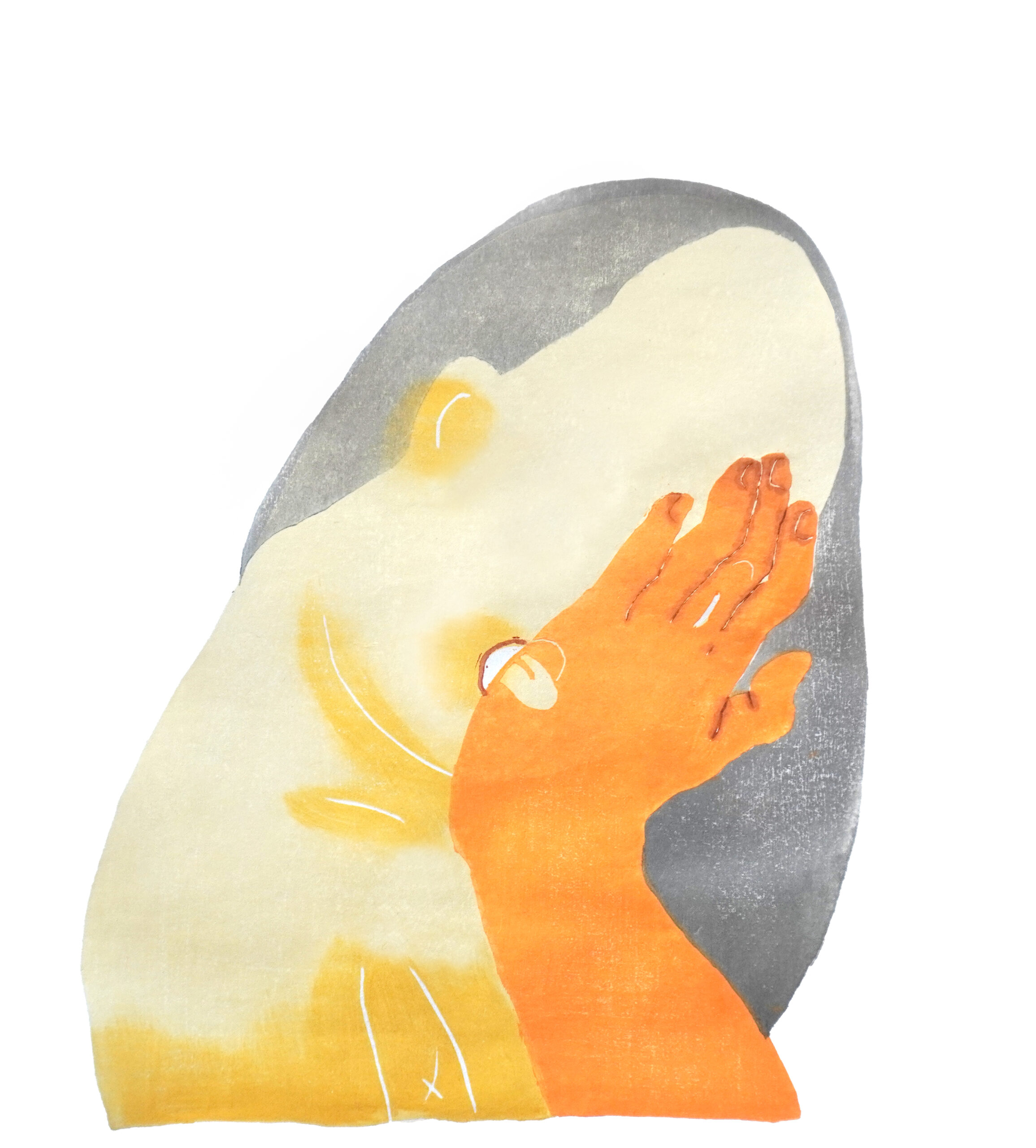 Abstract artwork featuring a stylized face in soft hues, with an orange hand against a grey background. Emotionally evocative and serene.