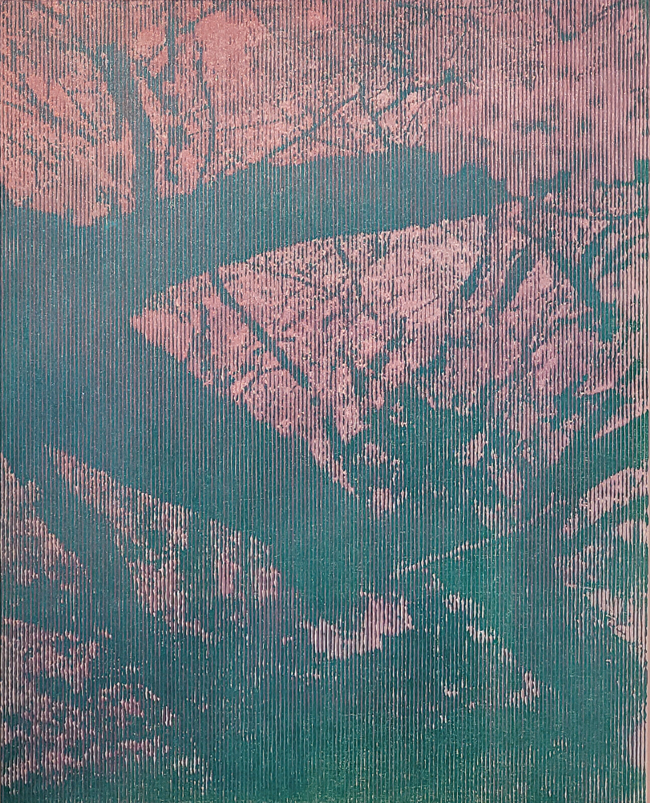 Abstract artwork featuring textured stripes in turquoise and pink, resembling tree branches and foliage.