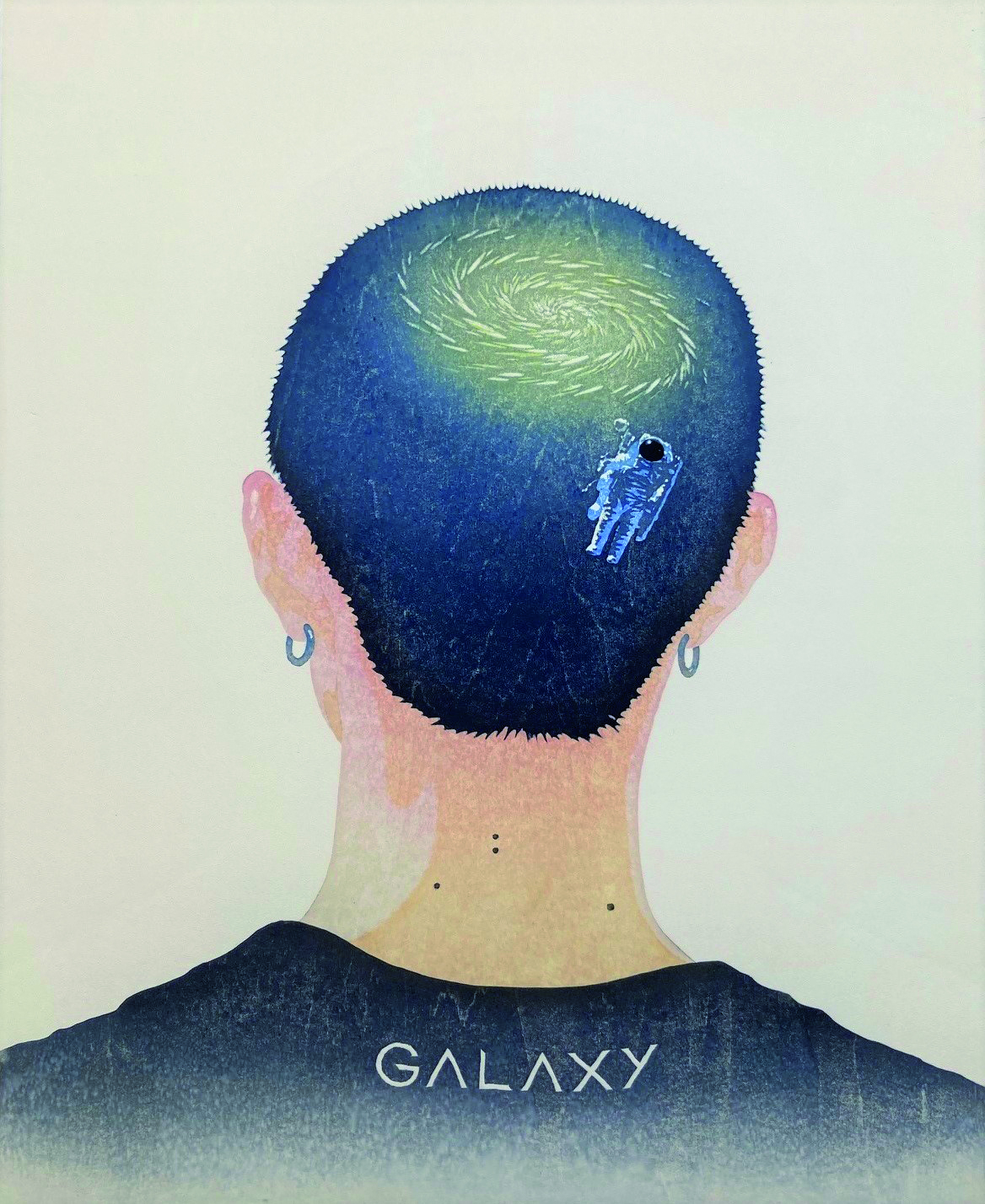 A person with a short hair undercut, showing a galaxy design on their scalp, while an astronaut figure appears amidst the swirling stars.