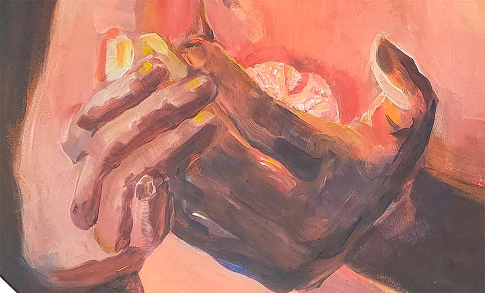 A close-up of hands gently holding and peeling an orange, with soft, warm hues creating an intimate and tender atmosphere.
