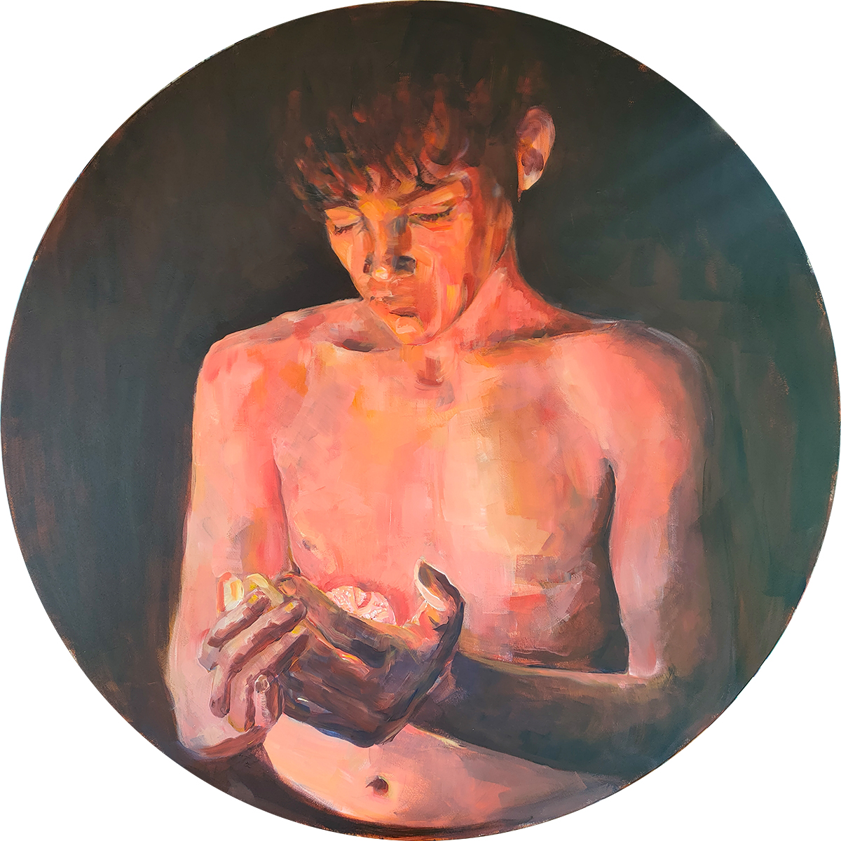 A close-up of a bare-chested figure with hands clasped, surrounded by soft lighting and rich textures in a circular composition.
