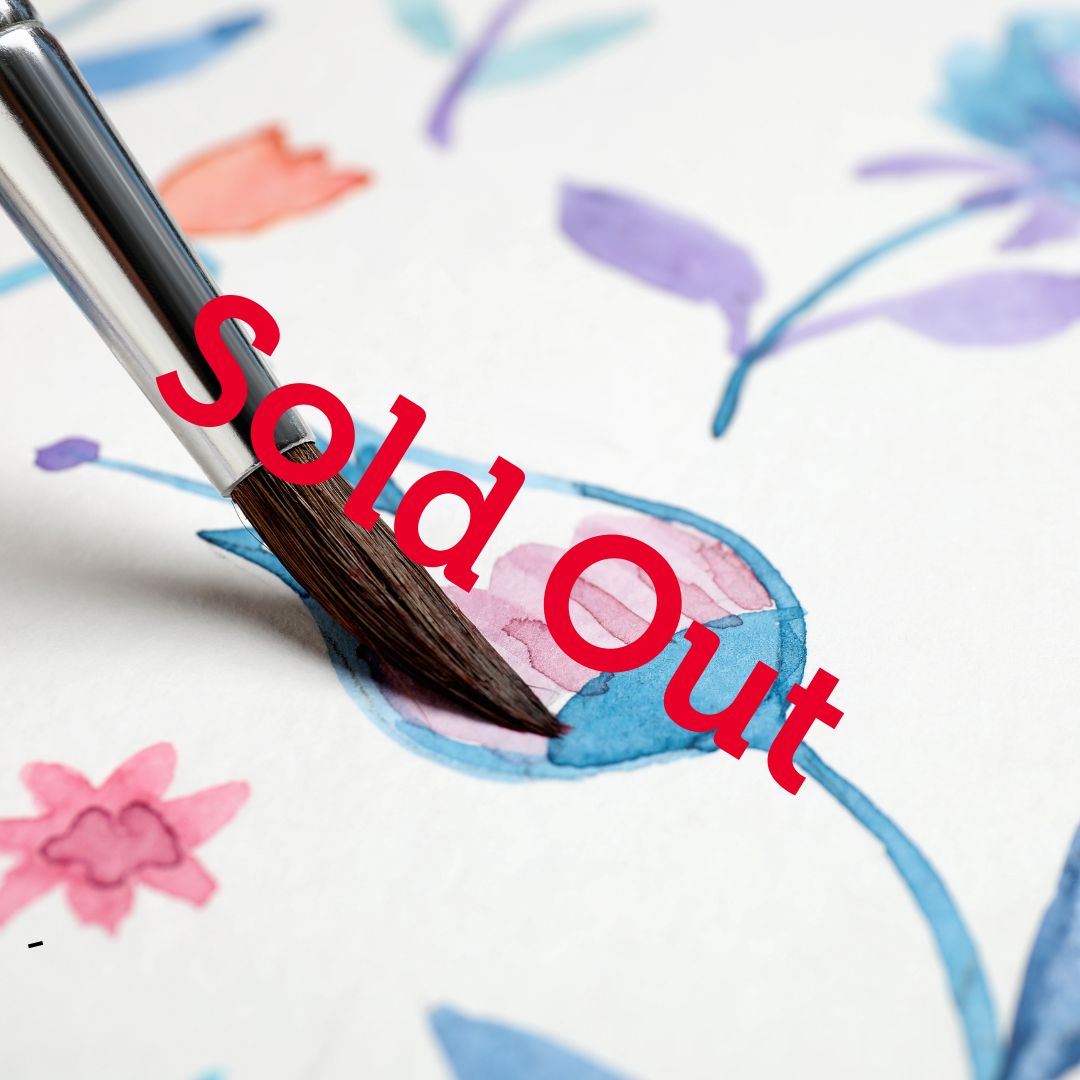 A paintbrush delicately applies watercolour to floral patterns in blue, pink, and purple. Bold red 