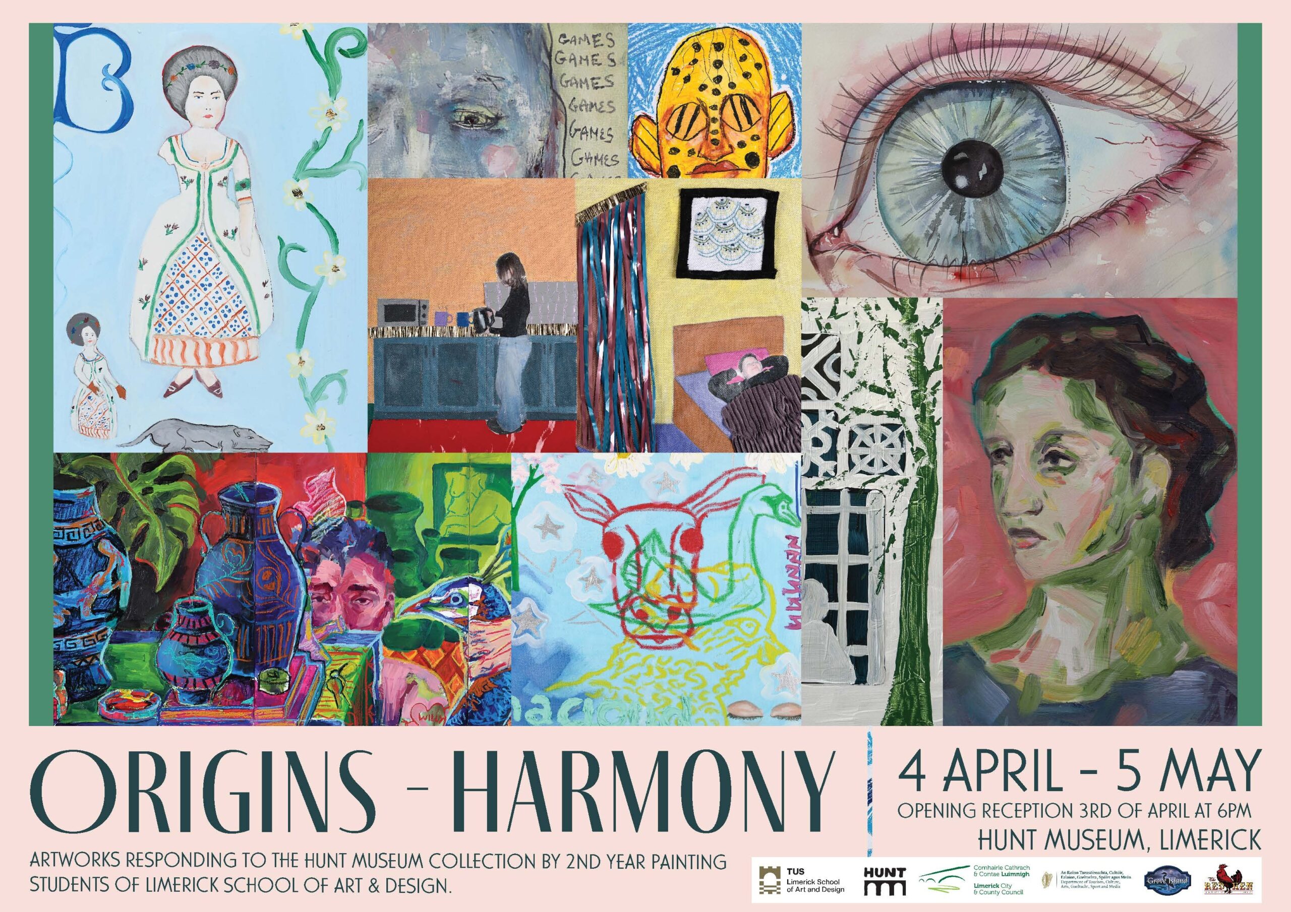 Collage of colourful artworks depicting diverse themes, including portraits, abstract designs, and nature. Text reads 