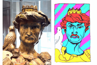 Bust of a stern man with a crown and bird on his shoulder next to a colourful, abstract drawing of the same figure, featuring vivid pastels.