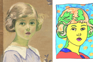 Side-by-side comparison of a vintage painting and modern illustration of a girl. The painting features soft colours and serious expression, while the illustration is vibrant and abstract. Suzanne Botterell, by William Leech to the left beside a pop art image of the same painting by artist Enda Griffin.