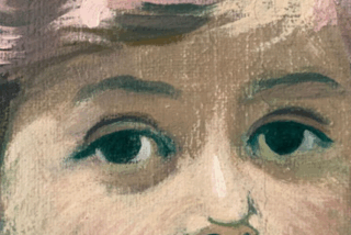 An artwork by William Leech featuring a young girl with striking green eyes, capturing a moment of childhood wonder.